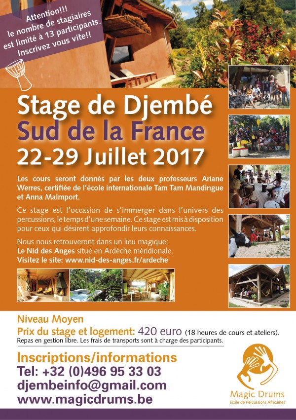 Affiche stage djembe dans le sud de la France avec Magic Drums